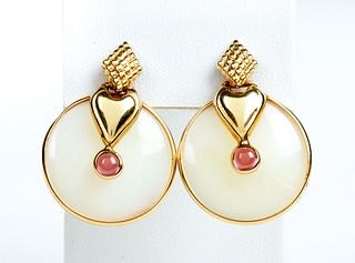 14K Gold Pink Tourmaline and Mother of Pearl Drop Earrings