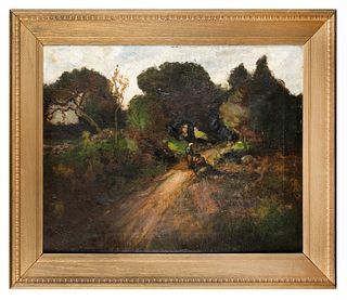 George William Whitaker (1841-1916) 'Barbizon Landscape with a Country Road'