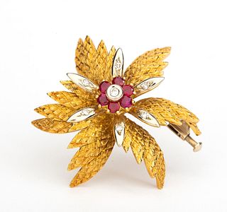 18K Gold, Ruby and Diamond Flower Brooch