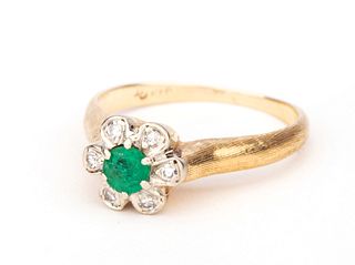 Mid Century 14K Gold Emerald and Diamond Cluster Ring
