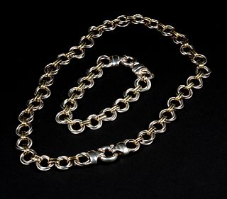 Italian Sterling Silver and 18K Gold Necklace and Bracelet Set