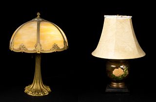 An Art Nouveau Slag Glass Lamp and Reverse Painted Glass Lamp