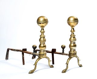 A Pair of Federal Cast Brass Cannonball Andirons