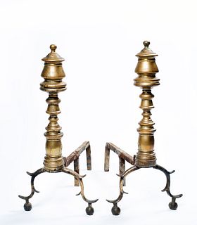 A Pair of Federal Cast Brass Andirons