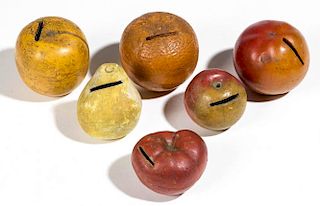 MOLDED EARTHENWARE / REDWARE FRUIT FORM PENNY BANKS, LOT OF SIX