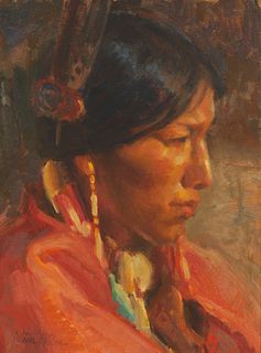 Julian Robles, (1933-2023), "Blackfoot Woman," 1978, Oil on canvas board, 16 "H x 12 "W