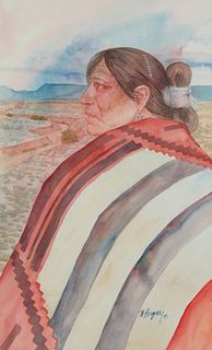 Wallace Begay, (b. 1957, Dine), Navajo figure wrapped in a third phase chief's blanket overlooking a landscape, Watercolor on paper, Sight: 21.5" H x 