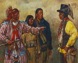 Hubert Wackermann, (b. 1945), iMeeting in Oklahoma, Creek, Caddo, Wichita," 2015, Oil on canvas, 16i H x 20i W