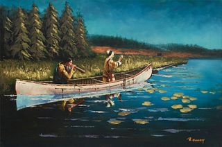 20th Century American School, "Indians Hunting in a Canoe," Oil on canvas, 24" H x 36" W