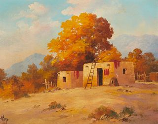 Willard Page, (1885-1958), Adobe hut in a fall landscape, Oil on artist board, 11" H x 14" W