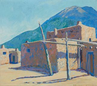 Edith Hynes, (1885-1971), "Taos Pueblo", Oil on canvas, 23" H x 26.25" W