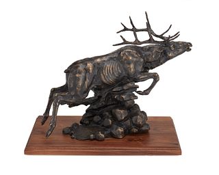 Gerald Shippen (b. 1955), "Quick Draw," 2014, Patinated bronze on wood plinth, 13.5" H x 15.5" W x 7" D; with base:14.5" H x 17.5" W x 9" D