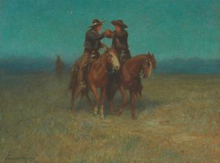 Alexander F. Harmer, (1856-1925), Vaqueros riding at night, Oil on canvas, 18" H x 24" W