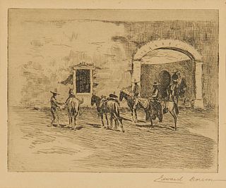 Edward Borein, (1872-1945), "Hacienda Gate", Etching and drypoint on paper, Plate: 4" H x 5" W; Sight: 4.625" H x 5.5" W