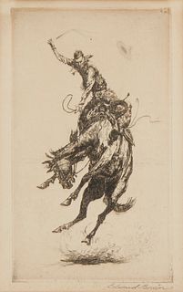 Edward Borein, (1872-1945), "Scratchin' High", Etching and drypoint on paper, Plate: 8" H x 4.75" W; Sight: 8.5" H x 5.5" W