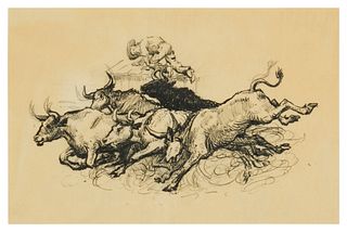 Attributed to A.P Proctor, (1862-1950), Stampeding cattle, Ink on thin paper, Sight: 7.25" H x 11" W