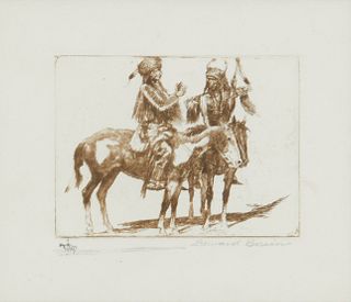Edward Borein, (1872-1945), "Sign Talk, No. 1", Drypoint in brown on paper, Image: 2.625" H x 3.5" W; Sight: 4.5" H x 5.25" W
