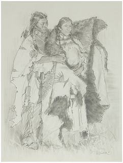 Ron Riddick, (b. 1952), "Gifting the Buffalo Robe", Graphite on paper laid to board, 24.75" H x 18.75" W
