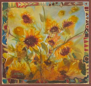 Nancy Cawdrey (b.1948), Sunflowers, Mixed media on silk over mat board, Sight: 11.25" H x 11.875" W