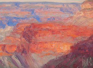 Michael B. Coleman (b. 1941), "Red Wall, Evening - Grand Canyon, AZ," Oil on Masonite, 6" H x 8" W