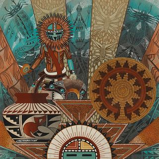 James M. Cambridge, (b. 1954), Hopi sun figure with pottery and baskets, Navajo sandpainting on board, 23.75" H x 23.75" W