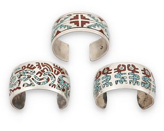 Three Southwest Santo Domingo style cuff bracelets