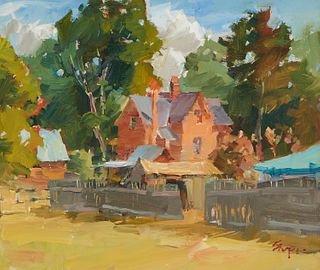 Steve Songer, (b. 1941), A red house surrounded by trees, Oil on panel, 12" H x 14" W