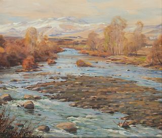 Louis Aston Knight, (1873-1948), River stream in Reno, Oil on canvas, 8.375" H x 21.875" W