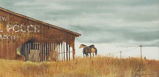 David Halbach (1931-2022), Horses outside a barn, Watercolor on thick paper, 1971, Image/Sheet; 8.125" H x 16.125" W