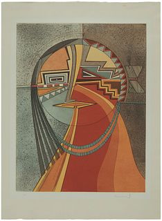Helen Hardin (1943-1984), "Changing Woman" from the "Woman Series," circa 1980, Etching and aquatint in colors on thick, grayish-green paper