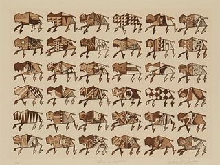 Anthony Chee Emerson, (b. 1963), "Thirty-Six Buffaloes", Etching and aquatint in brown on paper, Plate: 17.5" H x 23.875" W; Sight: 19.25" H x 25.75" 