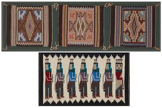 A group of framed Navajo textiles