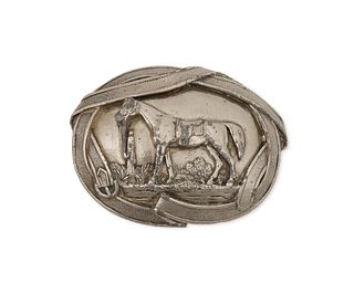 A large silver-plated horse belt buckle