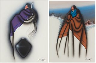 Robert Redbird (b. 1964), Native American figures wrapped in blankets, Sight: 28" H x 21" W, 2 pieces
