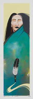 Carlis M. Chee, (b. 1971), "A Touch of Feather," 1996, Acrylic on paper, Image: 14" H x 4" W; Sight: 15" H x 5" W