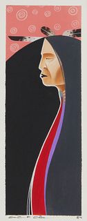 Carlis M. Chee, (b. 1971), "Woman from Taos," 1996, Acrylic on paper, Image: 14" H x 5" W; Sight: 14.75" H x 5.875" W