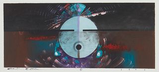 Carlis M. Chee (b. 1971), Untitled Hopi mask, 1996, Acrylic, including metallic pigments, on paper, Image: 7.25" H x 17" W; Sight: 8" H x 18" W