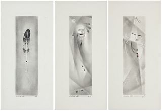 Carlis M. Chee (b. 1971). "Deer Tracks," "Navajo Necklace," and "A Feather to the Heart," 1996, Image: 14" H x 4" W; Sight: 19.5" H x 9.5" W, 3 pieces