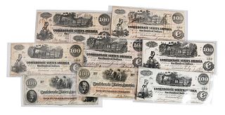 Group of Eight Confederate Bank Notes, $100 Denomination