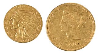 Two Gold Coins, $5 Indian Head and $10 Liberty Head 