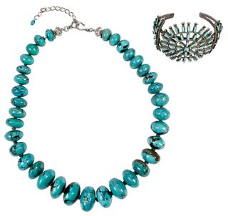 Zuni Needlepoint Turquoise Cuff and Graduated Turquoise Beads Necklace
