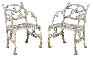 Pair Rustic Pattern Cast Iron Garden Chairs