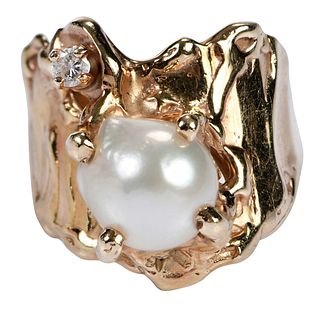 14kt. Free Form Diamond and Baroque Pearl Ring
