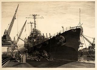 John Taylor Arms (1887-1953) 'U.S.S.Columbia Under Construction at the New York Shipbuilding Corporation, Camden, N.J.-1942'