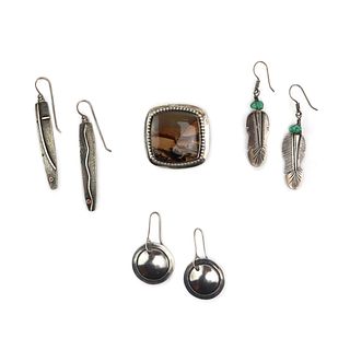 NO RESERVE - Micheal Roanhorse, Jerry Begay, James Faks - Set of 3 pairs of Silver Earrings and one Landscape Jasper Pendant/ Pin (J90506A-0210-001)
