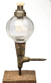 MOLD-BLOWN PANELED WHALE OIL PEG LAMP WITH WROUGHT IRON HOOK