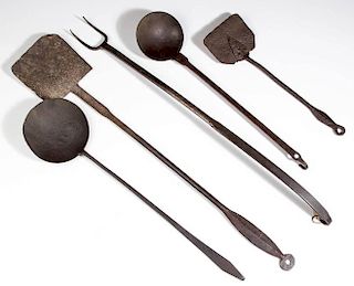 ASSORTED WROUGHT-IRON COOKING / HEARTH / KITCHEN UTENSILS, LOT OF FIVE