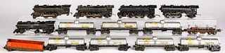 Group of Lionel 0 gauge locomotives and train cars
