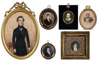 Six Portrait Miniatures including Shakespeare, Napoleon, Marquis de Lafayette