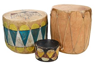 Three Southwestern Painted Hide Drums